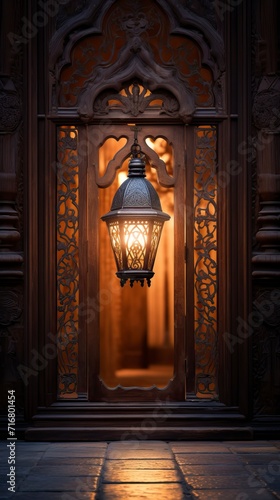 Glowing Lantern by Ornate Wooden Door  © CREATIVE STOCK