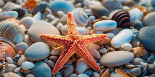 Summer sea background, starfish, sea stones, shells