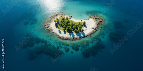 Small green island in the blue ocean, top view
