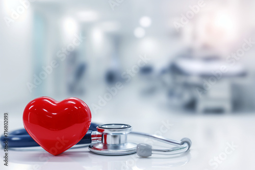 A red heart and a stethoscope are placed on a white table. The background is a blurred hospital room.