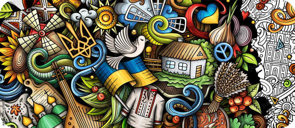 Fototapeta premium Ukraine doodle cartoon banner design