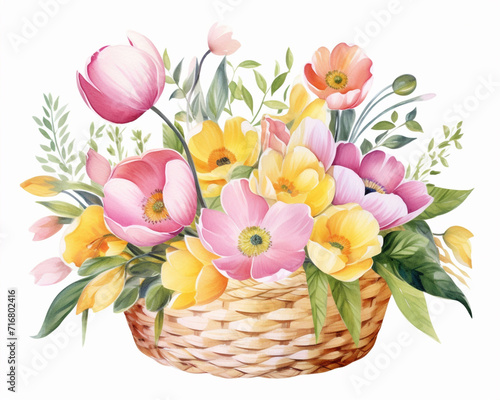 Spring flowers in the basket, pink and yellow tulips, pastel colors. Isolated watercolor illustration