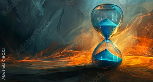 A mesmerizing art piece, the hourglass filled with blue sand glows in the soft light, representing the fleeting beauty of time