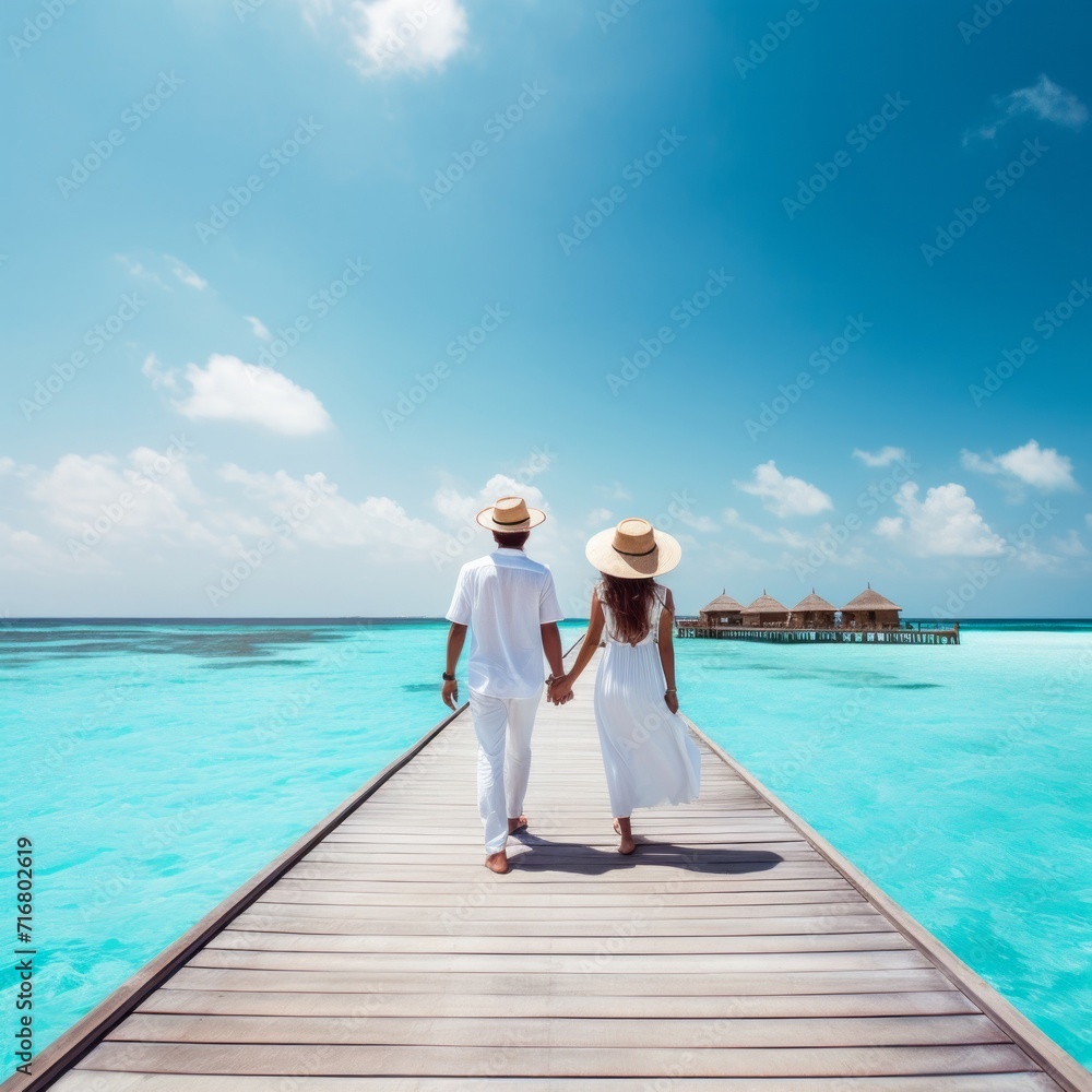 A happy holiday couple in summer clothing stands hugging on a tropical beach in the Maldives islands