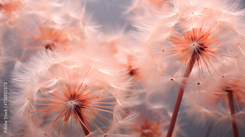 Dandelions in the trendy color of 2024 peach fluff. Gentle Persian dandelions on a gray background