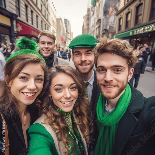 Joyful women friends enjoying St. Patrick's Day in the city