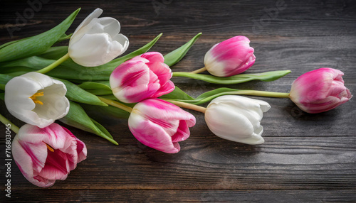 Vibrant pink and pure white tulips lay gracefully on a dark wooden surface, their green leaves adding a touch of freshness. Ideal for spring themes, romantic occasions, or natural decor.