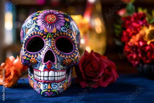 Day of the dead background with skull mask, candles and flowers, front view, close up. Holiday banner with dia de los muertos skull for postcard, poster, web site, greeting invitation