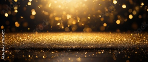 A close-up view of a blue and gold background with stars. Suitable for celestial, festive, or glamorous design projects such as invitations, holiday-themed graphics.glitter lights.  generative, ai. photo