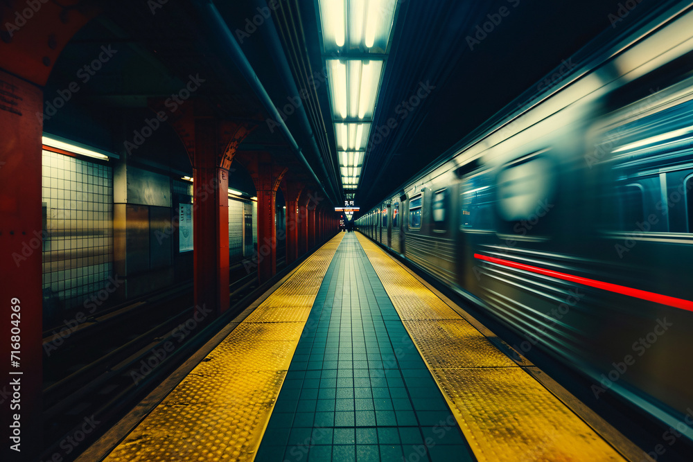 Fototapeta premium Subway train going past, motion blur, underground station background