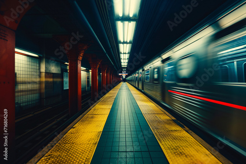 Subway train going past, motion blur, underground station background