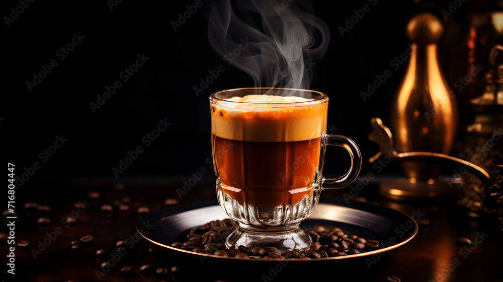 A cup of amber espresso in a transparent glass on a dark isolated background. Coffee with cognac A cup of amber espresso in a transparent glass on a dark isolated background. Coffee with cognac