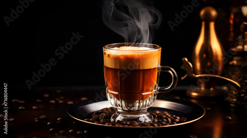 A cup of amber espresso in a transparent glass on a dark isolated background. Coffee with cognac photo