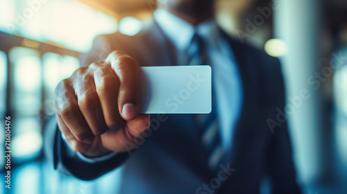 Professional Businessman Holding a Blank White Business Card for Advertisement