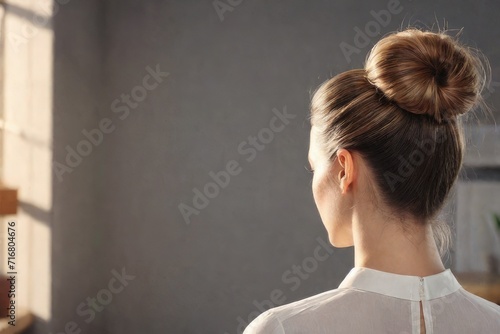 Brunette girl with low bun hairstyle, back view © cvetikmart