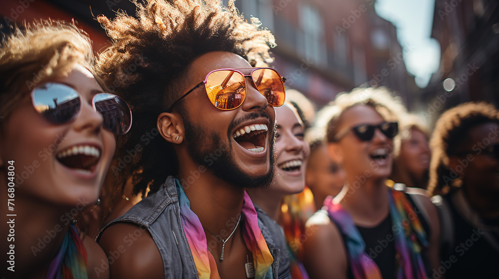 Gay Pride Day. Youngs gay boy with LGTBI friends at gay pride street party. Concept of diversity and tolerance Gay Pride Day. Youngs gay boy with LGTBI friends at gay pride street party. Concept of diversity and tolerance