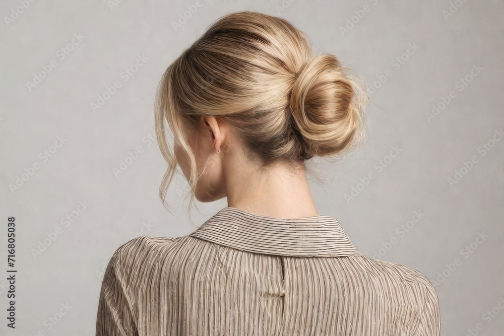 Blonde girl with low bun hairstyle, back view Blonde girl with low bun hairstyle, back view