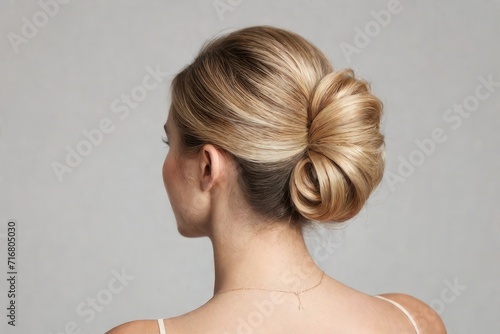 Blonde girl with low bun hairstyle, back view