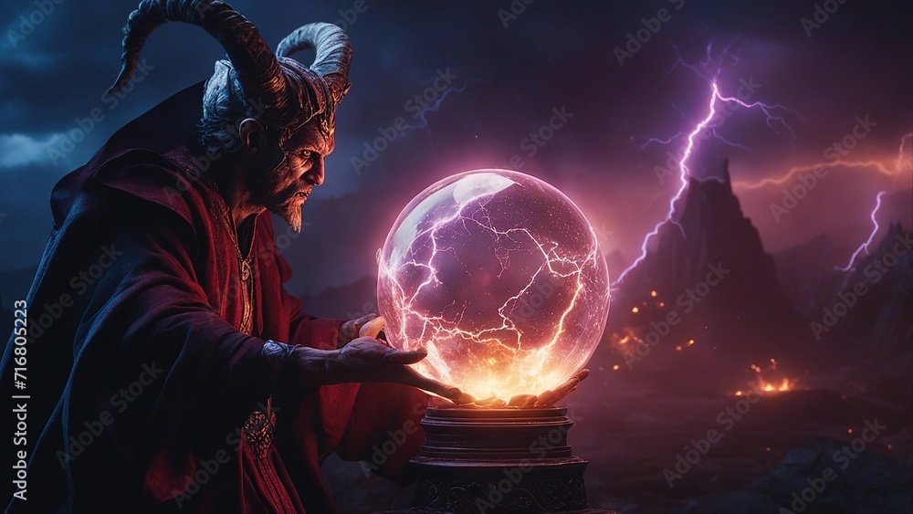 demon in the fire and lightning highly intricately  demon Magician summoning ghostly demon, sorcerer casts a spell with lightning crystal ball - obrazy, fototapety, plakaty 