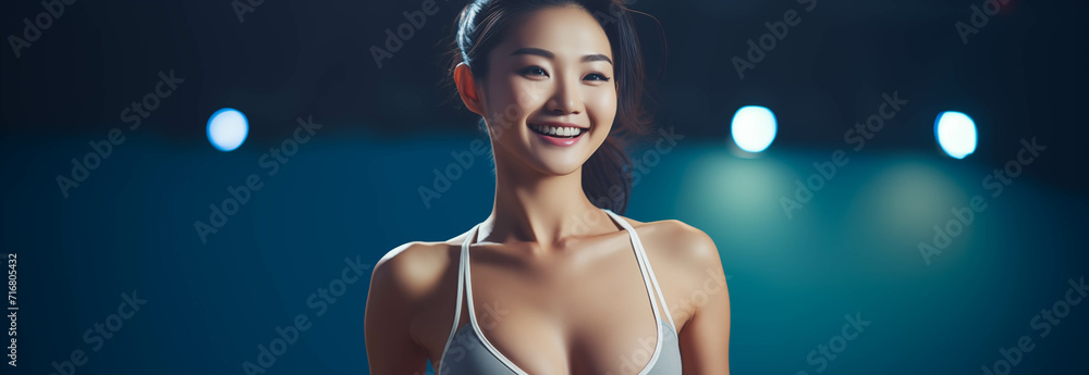 Asian woman in sports bra isolated on background. - obrazy, fototapety, plakaty 