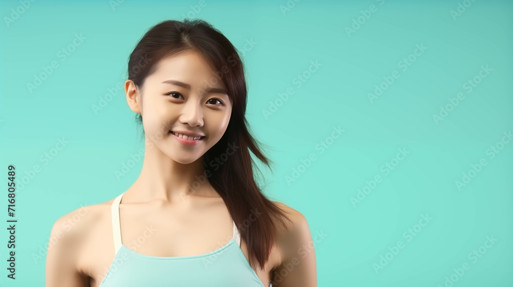 Asian woman in sports bra isolated on background.