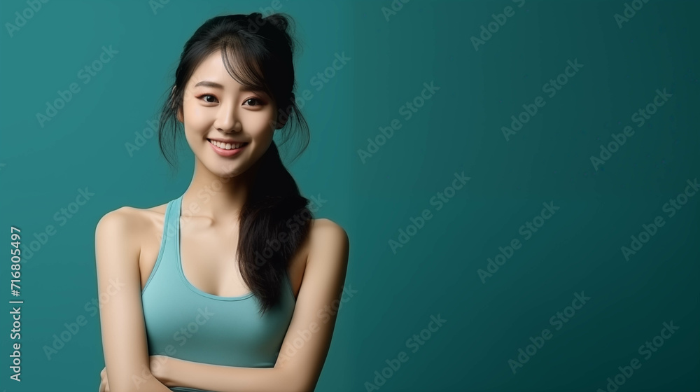 Asian woman in sports bra isolated on background. Asian woman in sports bra isolated on background.