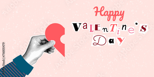 Banner Happy Valentine's Day lettering in ransom note text style. Collage paper cut letters, grunge vector clipart elements. Halftone collage of a hand holding a pink heart.