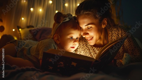 beautiful mother telling a story to a sleeping girl in a room at night