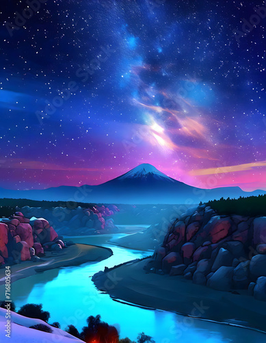 hills mountains river nature in aura sky night  (ID: 716805634)