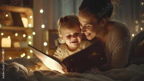 beautiful mother telling a bedtime story to a little girl photo