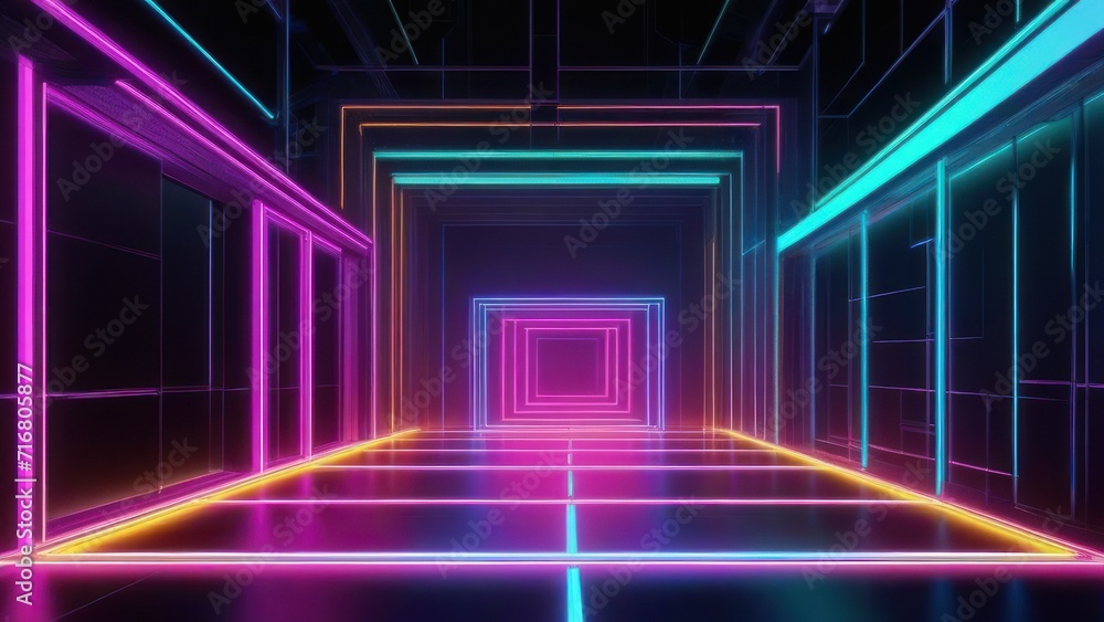 abstract illustration of geometric shapes and structures in colorful neon colors and lights in cyberspace against dark background.  generative, ai.