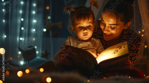 beautiful mother telling a story to a little girl to sleep in a room at night with bokeh lights in high resolution