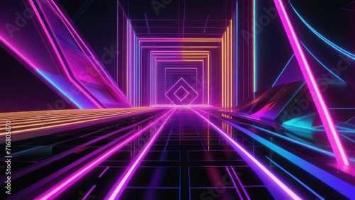 abstract illustration of geometric shapes and structures in colorful neon colors and lights in cyberspace against dark background. generative, ai.