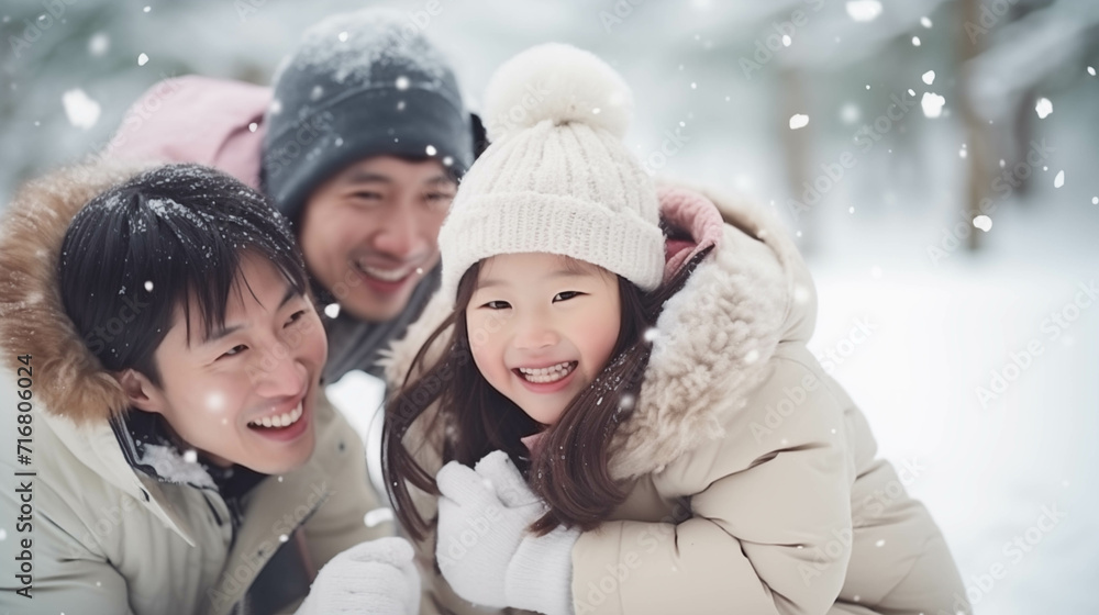 Asian family wearing coats playing in the snow.
