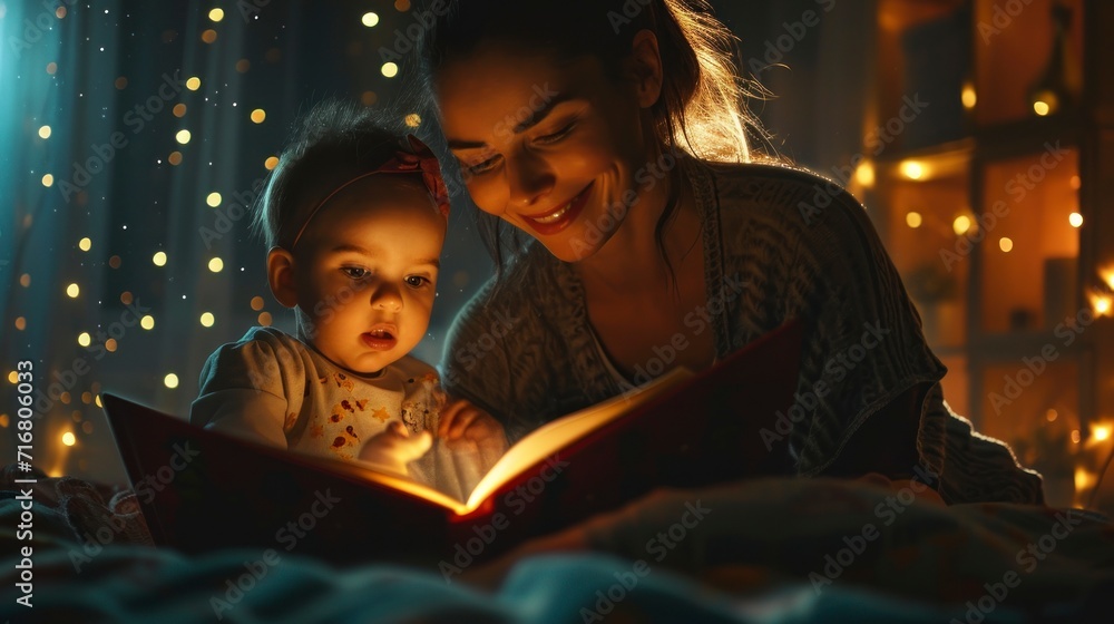 Beautiful mother telling a story to a girl to sleep in a room at night with bokeh lights in high resolution and quality. family concept Beautiful mother telling a story to a girl to sleep in a room at night with bokeh lights in high resolution and quality. family concept