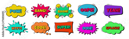 Set of comic speech bubbles with text and halftone. Colored dialog bubbles. Comic speech explosions with different words: pow, bang, boom, oops, super, wtf, cool, ooh, yeah, splash