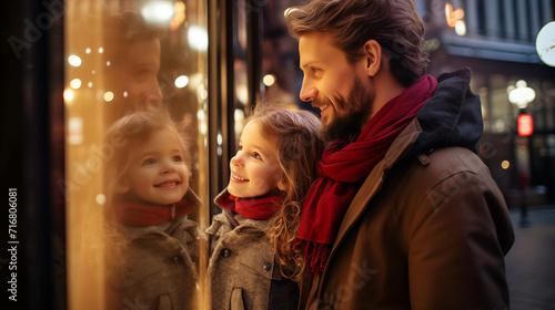 Caucasian family in winter clothes watching city lights.