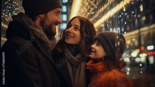 Caucasian family in winter clothes watching city lights.