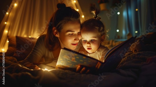Beautiful mother telling a story to a girl to sleep in a room at night with bokeh lights in high resolution and quality. family concept, sleeping, stories © Marco