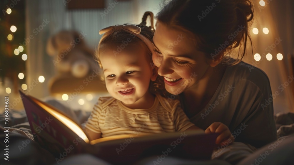 Beautiful mother telling a story to a girl to sleep in a room at night with bokeh lights in high resolution and quality. family concept, sleep, bedtime stories - obrazy, fototapety, plakaty 