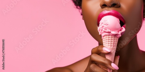Close up of a african woman eating ice cream with a bite taken from her mouth isolated over pink background. photo