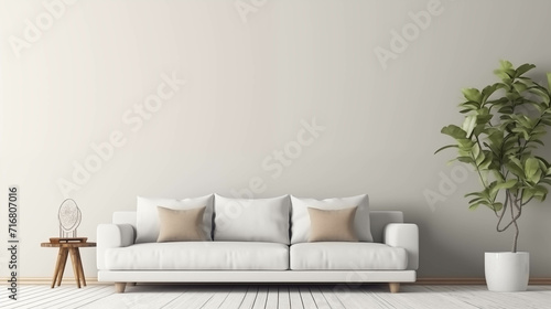 A white-toned living room with a sofa and plants.