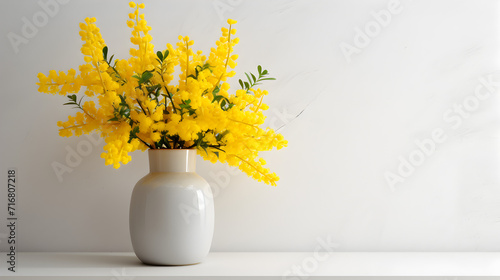 A bouquet of yellow mimosa flowers in a glass vase the concept of womens spring or mothers day greeting card with copy space,,
Bouquet from twigs of attractive blooming goldish color mimosa flowers in photo