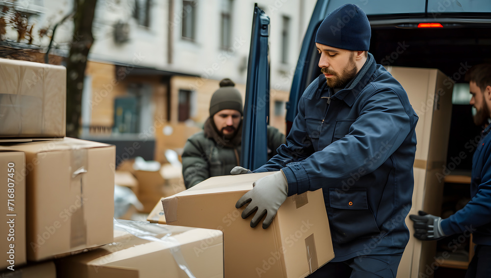 Young couriers cooperating while unloading packages from delivery van. Young couriers cooperating while unloading packages from delivery van.