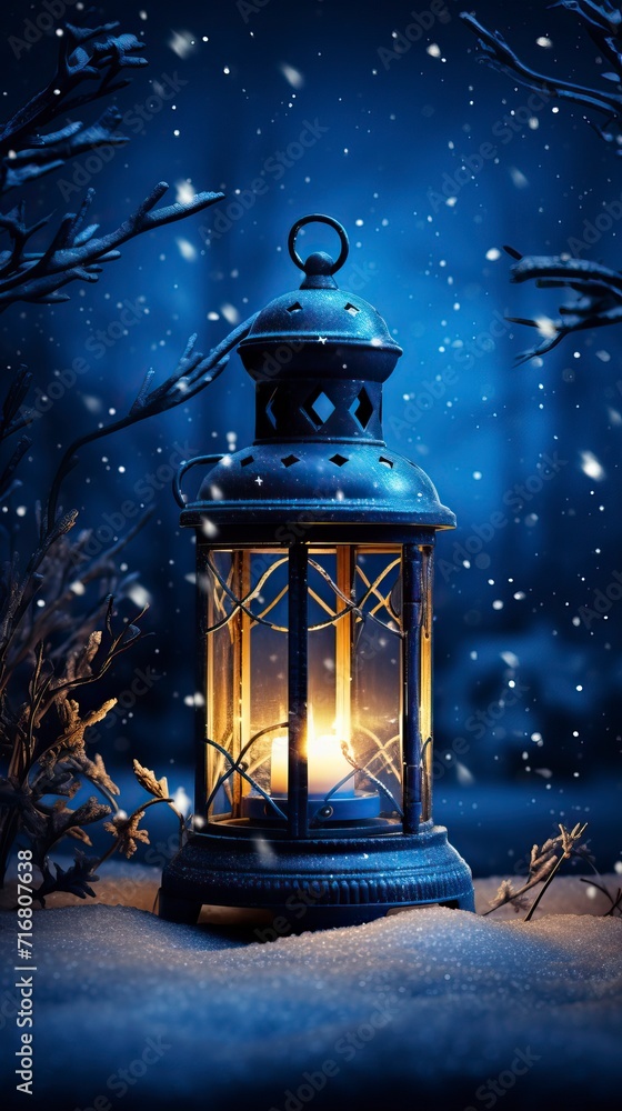 Glowing Lantern in Moonlit Winter Night Glowing Lantern in Moonlit Winter Night