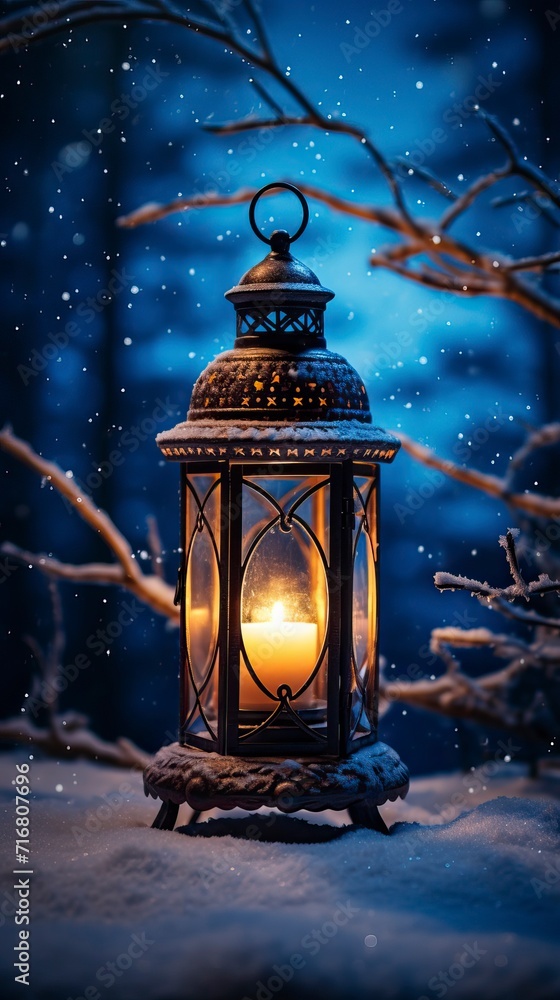 Glowing Lantern in Moonlit Winter Night Glowing Lantern in Moonlit Winter Night