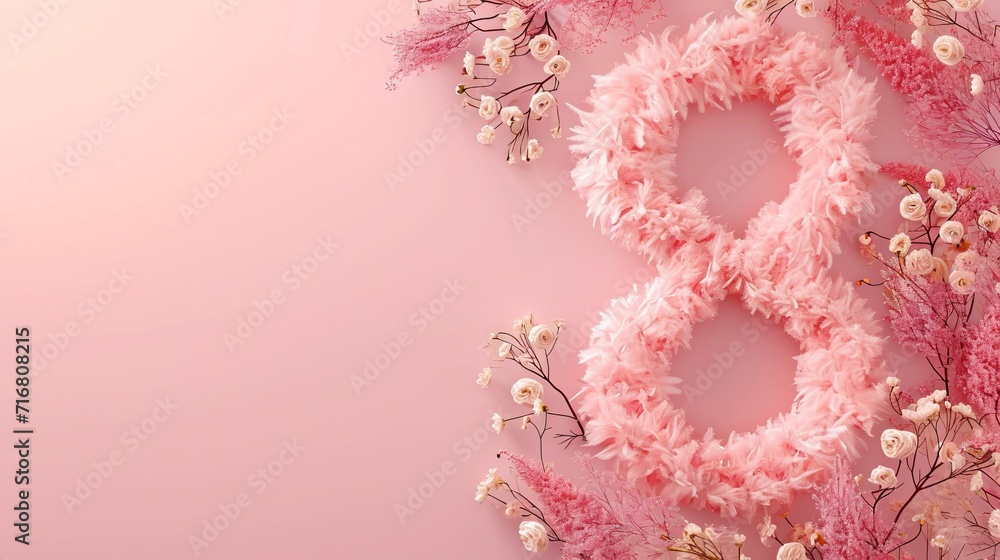 Illustration of number 8 and fluffy floral decoration for background and banner for 8th march women day with copy space