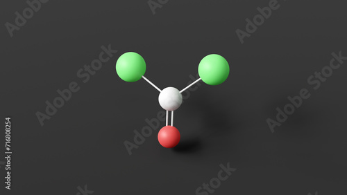 phosgene molecular structure, colorless gas, ball and stick 3d model, structural chemical formula with colored atoms photo