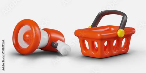 Cartoon composition of megaphone and shopping basket in red colors. Sale announcement, shopping concept. Vector illustration in 3d style with white background