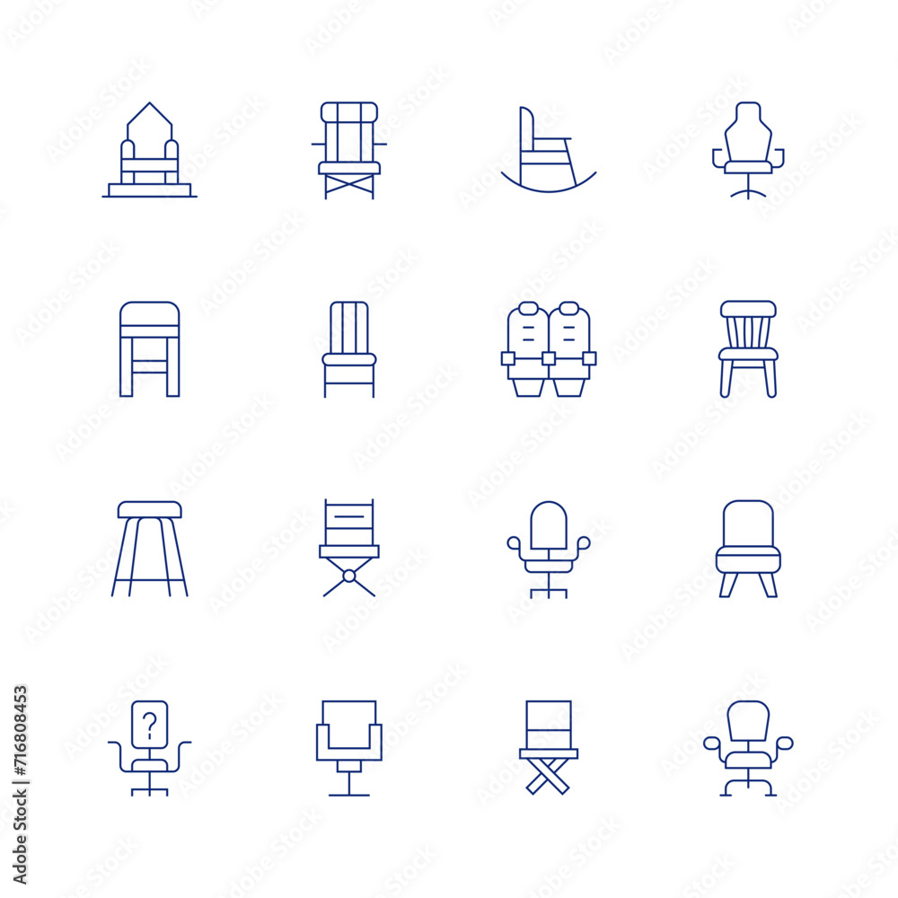 Chair line icon set on transparent background with editable stroke. Containing throne, stool, vacant, beachchair, chair, directorchair, rockingchair, chairs, officechair.